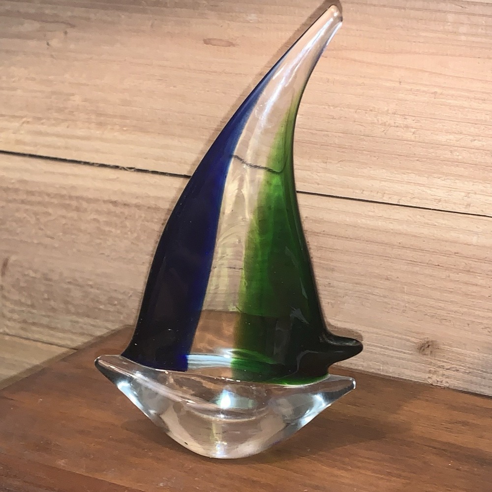 Murano Style 8" Sailboat Cobalt Blue Green & Clear Glass Paperweight Decor - Picture 2 of 7